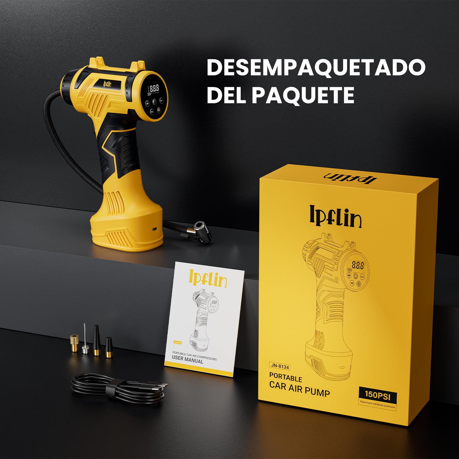 Ipflin Inflador Ruedas Coche 150PSI - 22L/min Compresor Aire Portátil Recargable, Inflador Eléctrico Inalámbrico con Pantalla Digital y Luz LED, 4 Modos Preestablecidos para Coche/Bicicleta/Moto/Balón — view 9