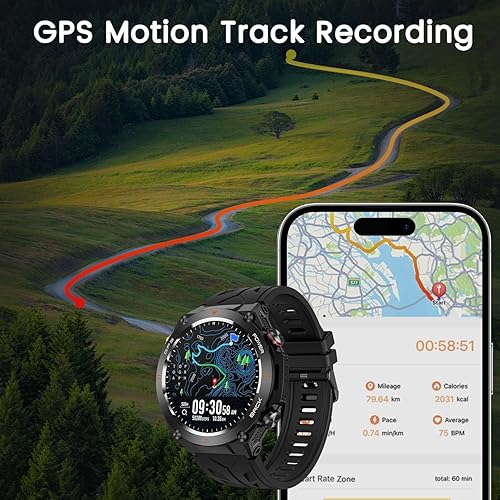 Vista 2 de Reloj inteligente militar con rastreador GPS, presión/altitud/brújula, reloj inteligente resistente con batería de 90 días, 1 ATM impermeable