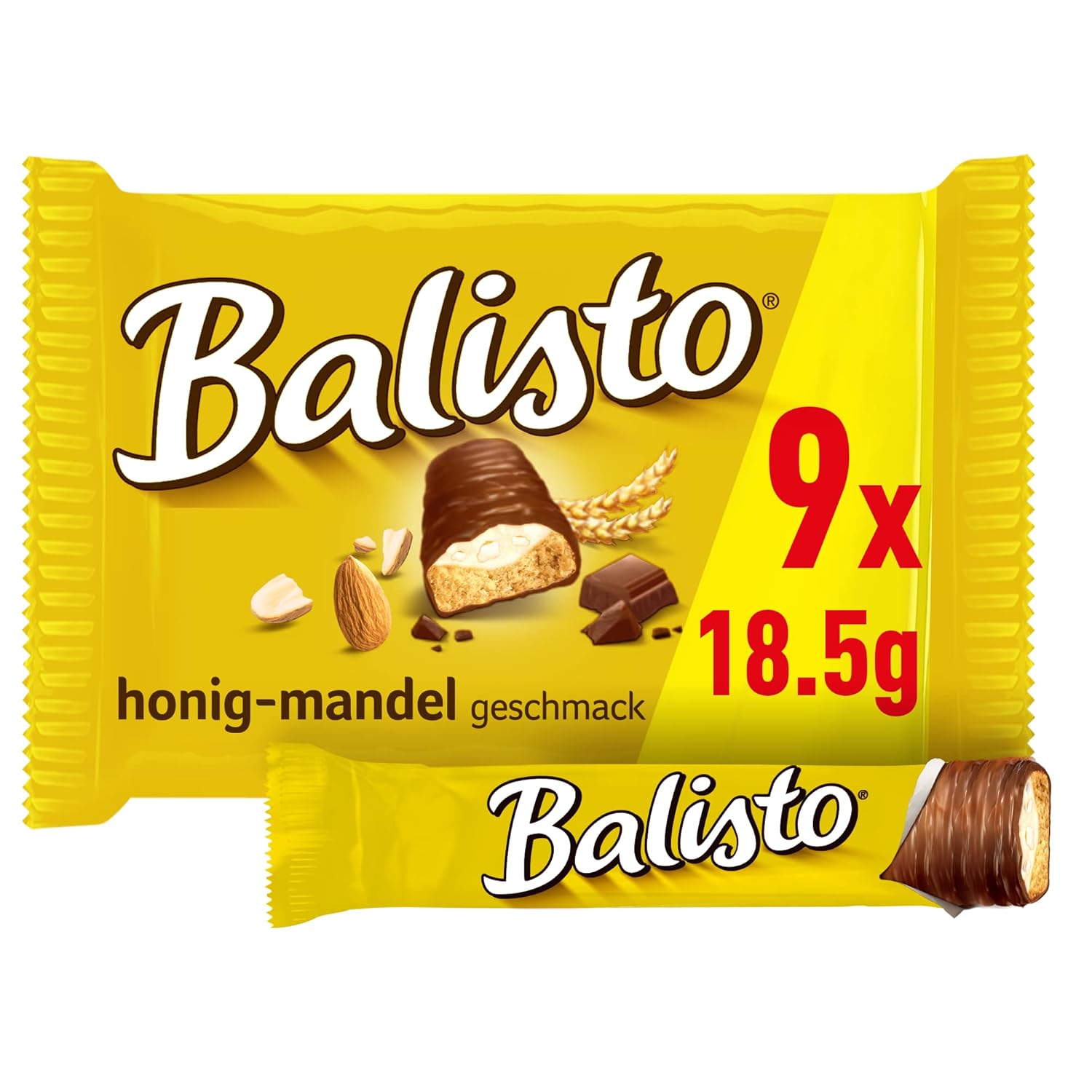 Balisto Schokoriegel, HonigMandel, gelb, Multipack, 9 Riegel à 18,5g