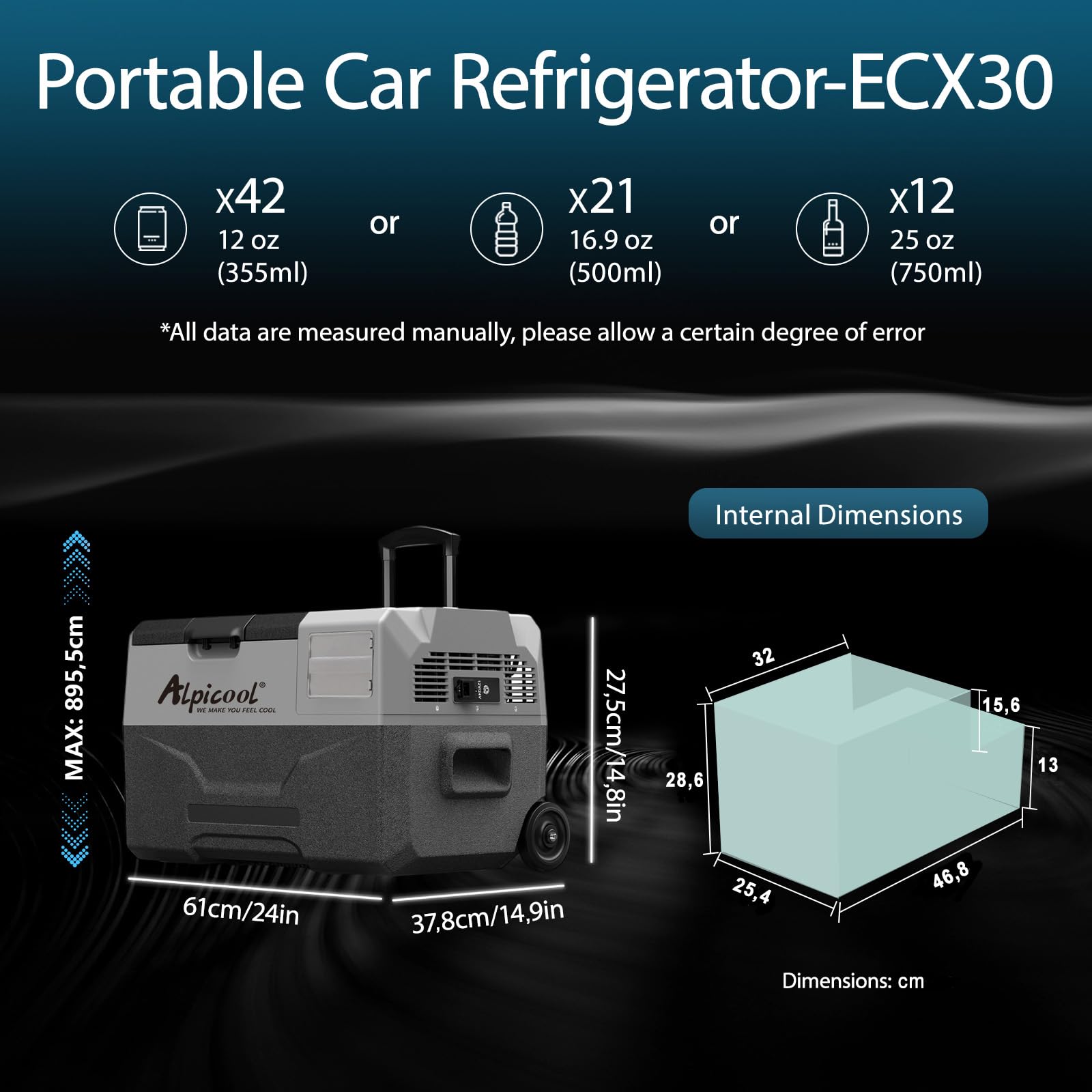 Alpicool ECX30 30L Kompressor Kühlbox, 12V elektrische tragbare Kühlschrank für Camping mit USB-Anschluss, Teleskopstange Rad