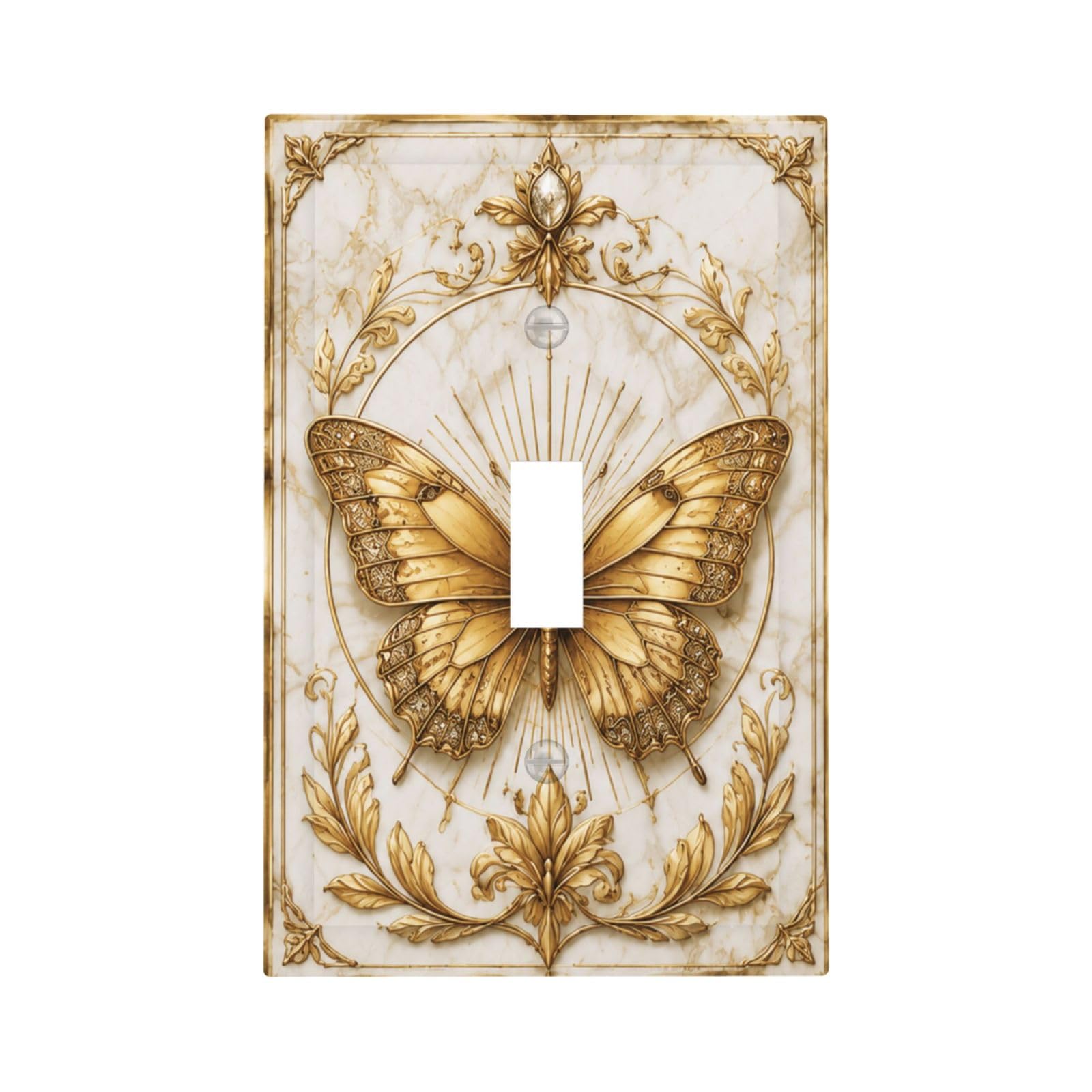 Xuejiaku Decorative Switch Plate Cover Gold Butterfly Vintage Ornate Marble Single Toggle Light Switch Covers 1 Gang Outlet Covers Wall Plate Luxury Baroque Style Switchplate Faceplate for Home Decor