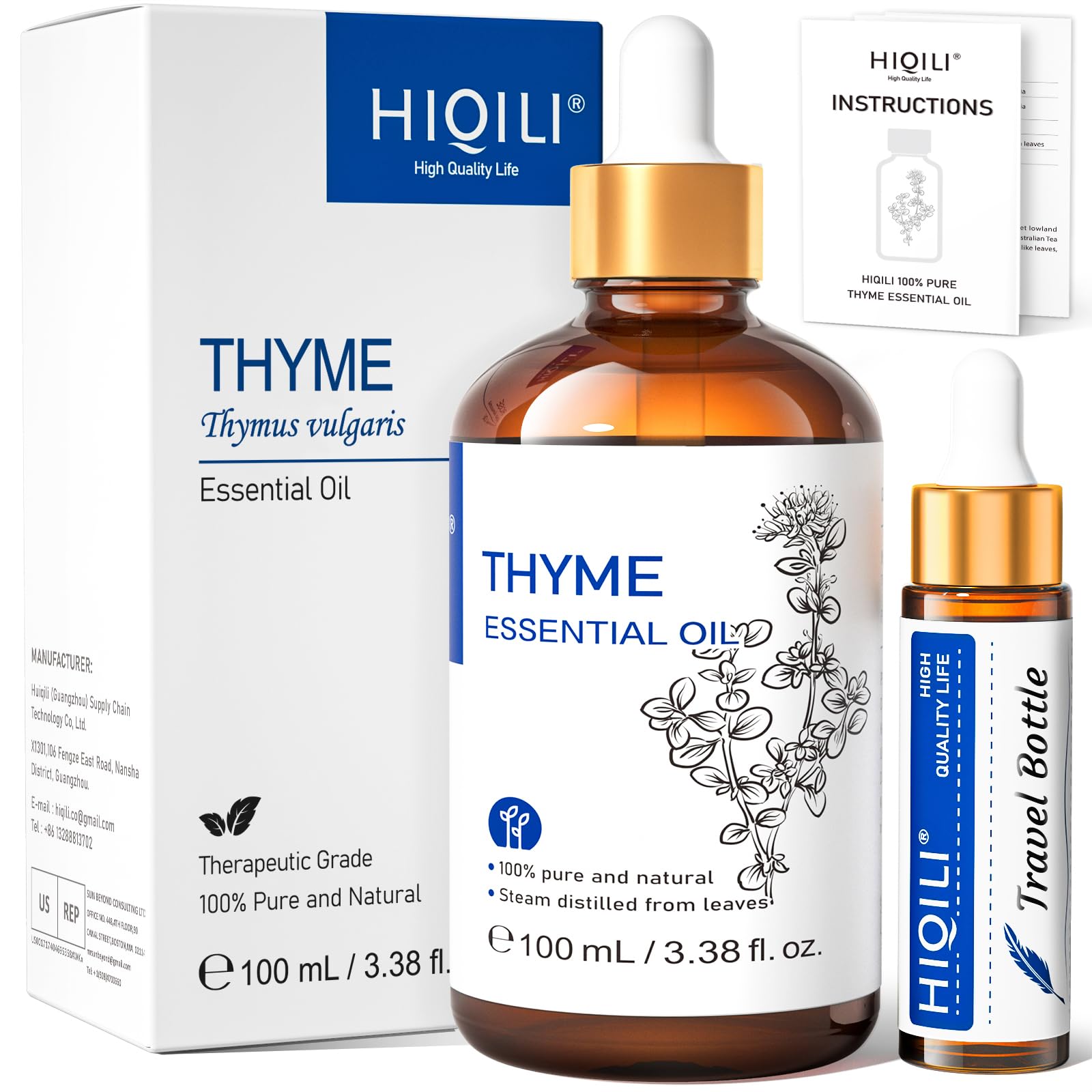 HIQILI 3.38 Fl Oz Thyme Essential Oil, 100% Pure Undiluted for Hair, Skin, Diffuser, Aromatherapy, Includes 10ML Travel Bottle - 100ML