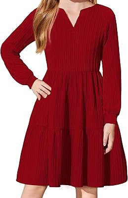 Arshiner Girls Dresses Lantern Long Sleeve Textured Casual Dress with Pockets for 5-12 Years
