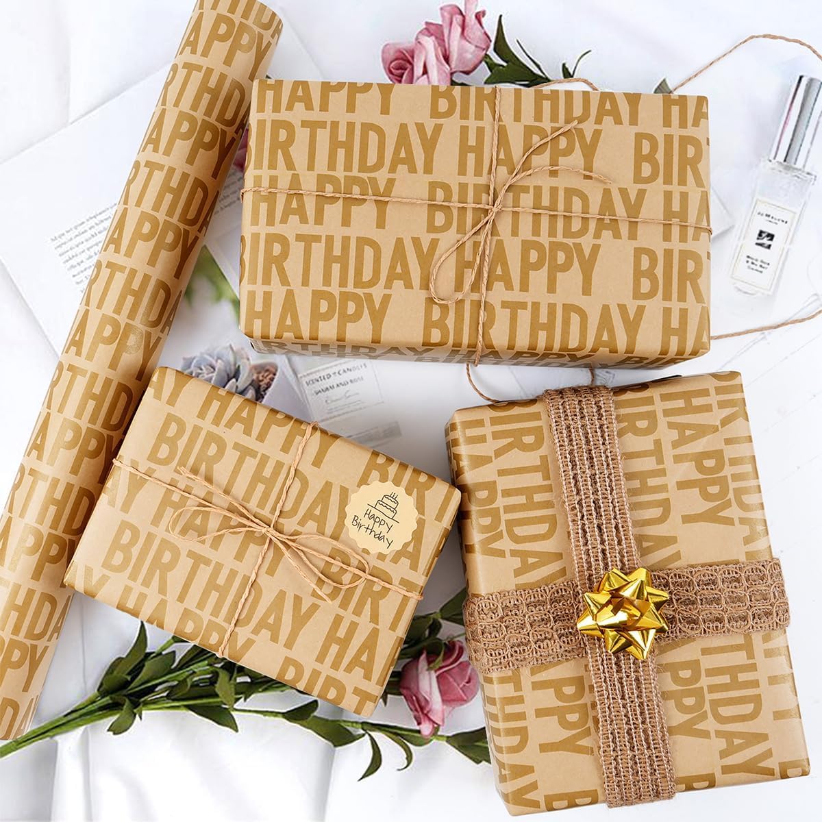 Papier Cadeau D'anniversaire, Papier D'emballage Avec Rayures Bleues Foncées Et Dorées, Pour