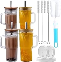 Vista 7 de Vasos de vidrio acanalados con tapas y pajitas de bambú, vaso para café helado con asa, tarro Mason con tapa de 24 onzas, vasos de boca ancha, vaso