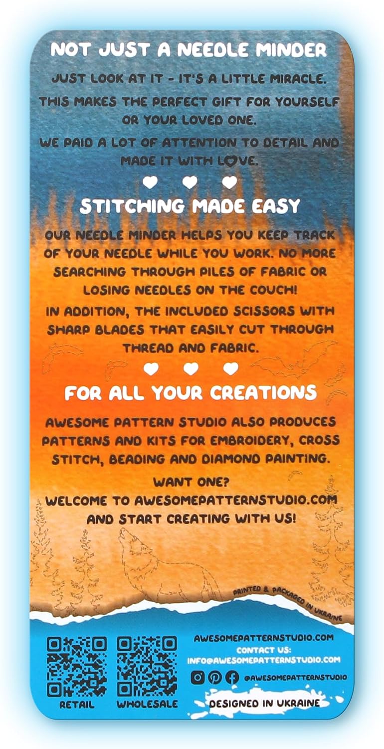 Awesome Pattern Studio Needle Minder Set - Mandala Wolf Magnetic Needle Minder + 2 Needle Threaders. Enamel Pin for Cross Stitch, Embroidery and Craft