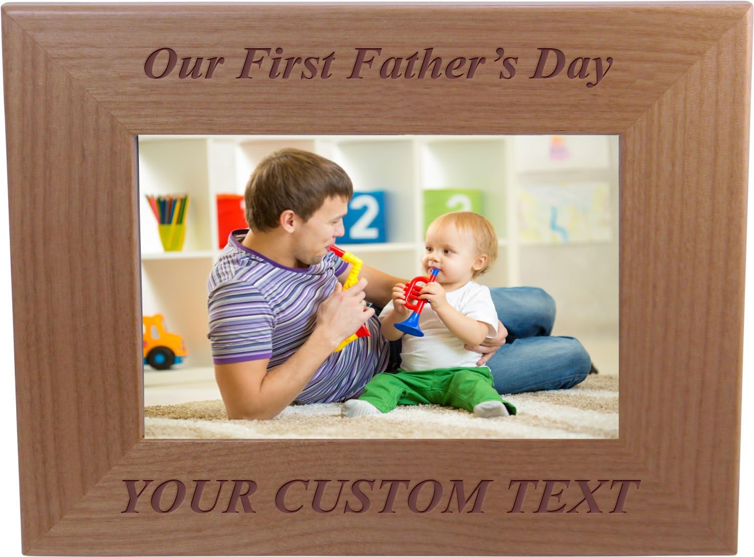 Our First Father's Day Custom 4x6-Inch Wood Personalized Picture Frame - Add Your Custom Text for a First Father's Day (Horizontal)