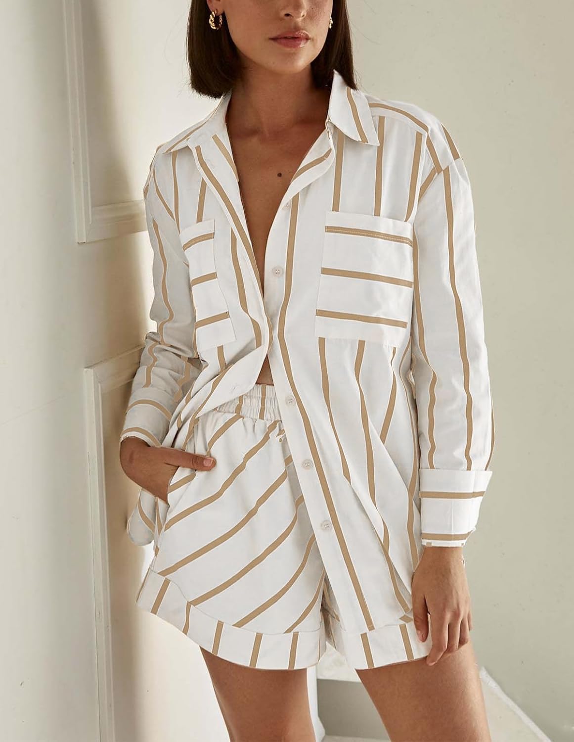 Women's Striped 2 Piece Outfits Casual Oversized Button Down Shirts and Short Lounge Pajamas Set - Image 2