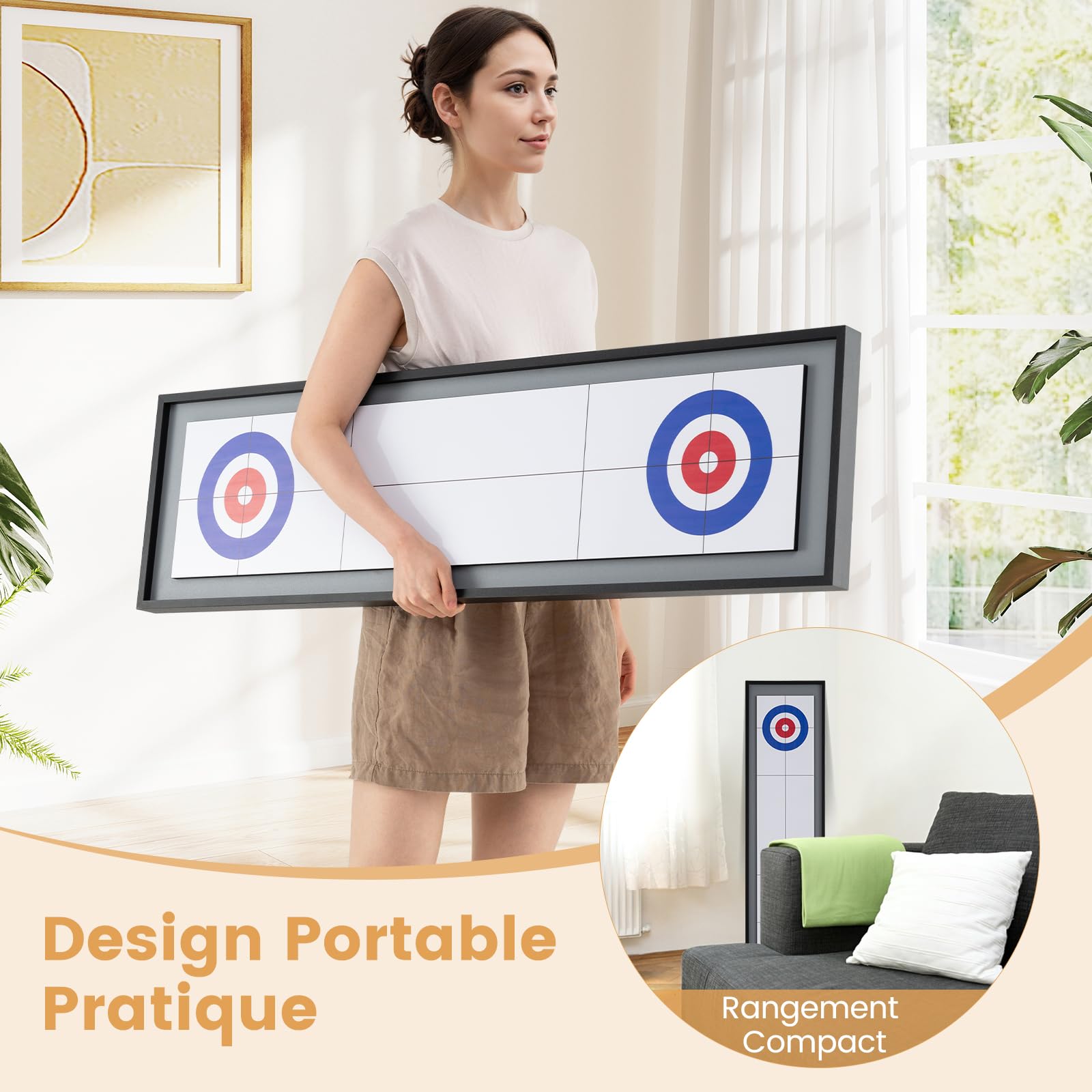 COSTWAY 2 en 1 Jeu de Shuffleboard et Curling Portable avec 8 Palets Roulants, Jeu de Palets Double Face pour Adultes Enfants pour Fête Bar Salle de Jeux, 114x32 cm