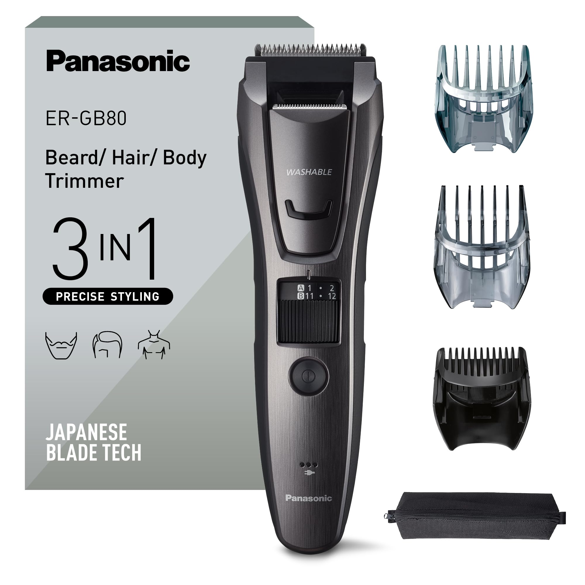 Panasonic ER-GB80-H503 Bart-, Haar- & Körperschneider für Männer, tragbarer kabelloser, wasserdichter Trimmer, 39 Längen, 3 Aufsätze, Präzisions-Trimmer, kabellos & kabelgebunden, Dunkelsilber