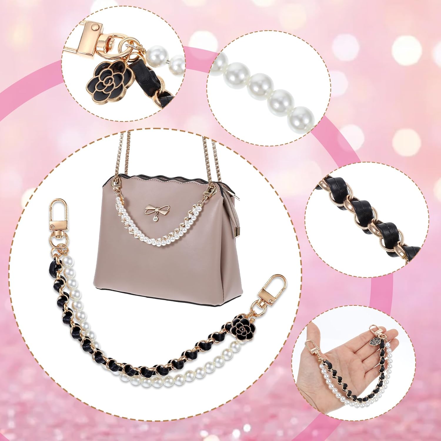 2Pcs Pearl Purse Chains Extender 10 Inch Black Handbag Straps Crossbody Bag with Cute Flower Purses Strap Replacement Purse Accessories Bag Charms for Women - Image 4