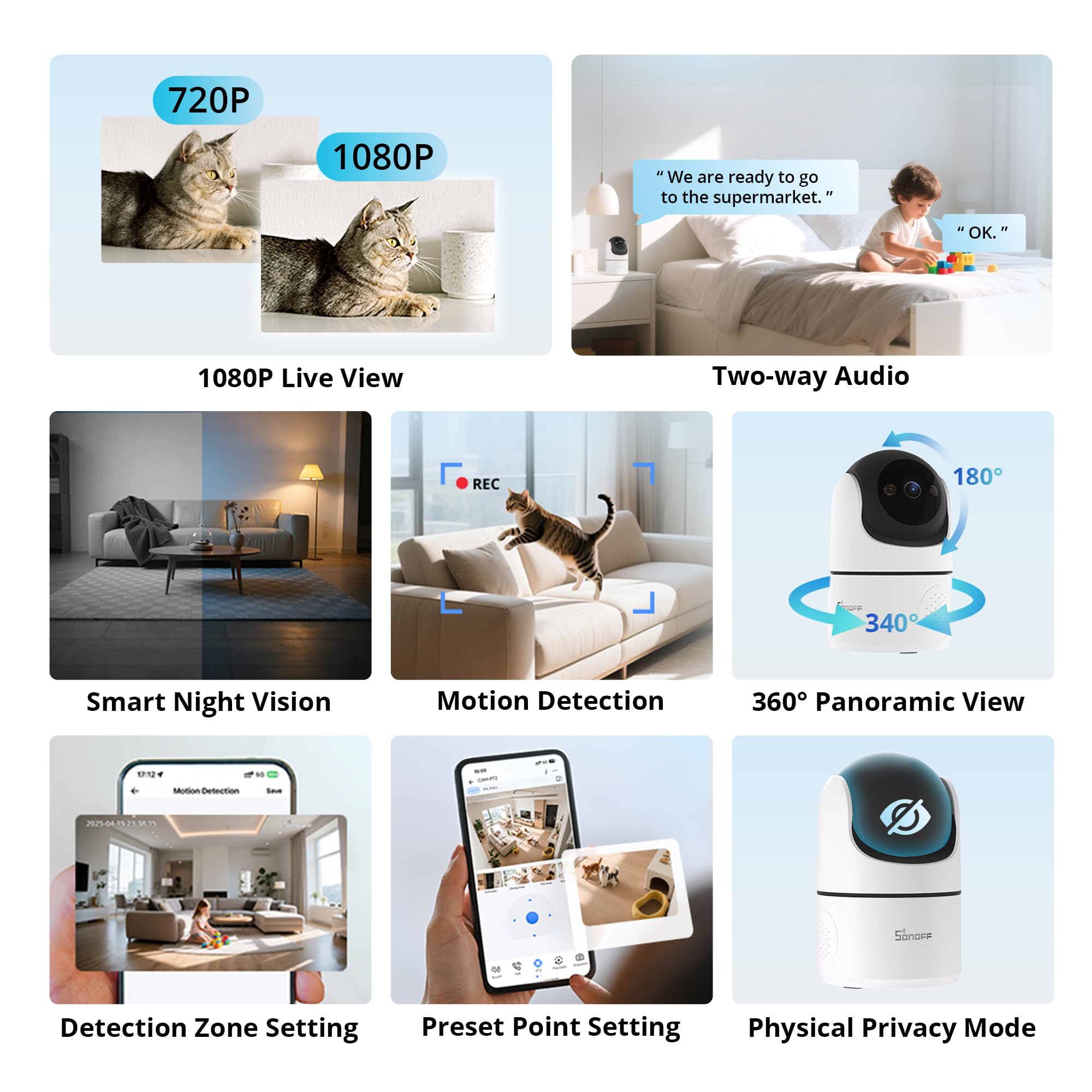 SONOFF Indoor CAM PT2, Cámara Seguridad WiFi Pan-Tilt 1080P, Vista 360°, Seguimiento Movimiento/IA, Audio Bidireccional, Visión Nocturna, Privacidad, Cloud/SD, Compatible Alexa y Google