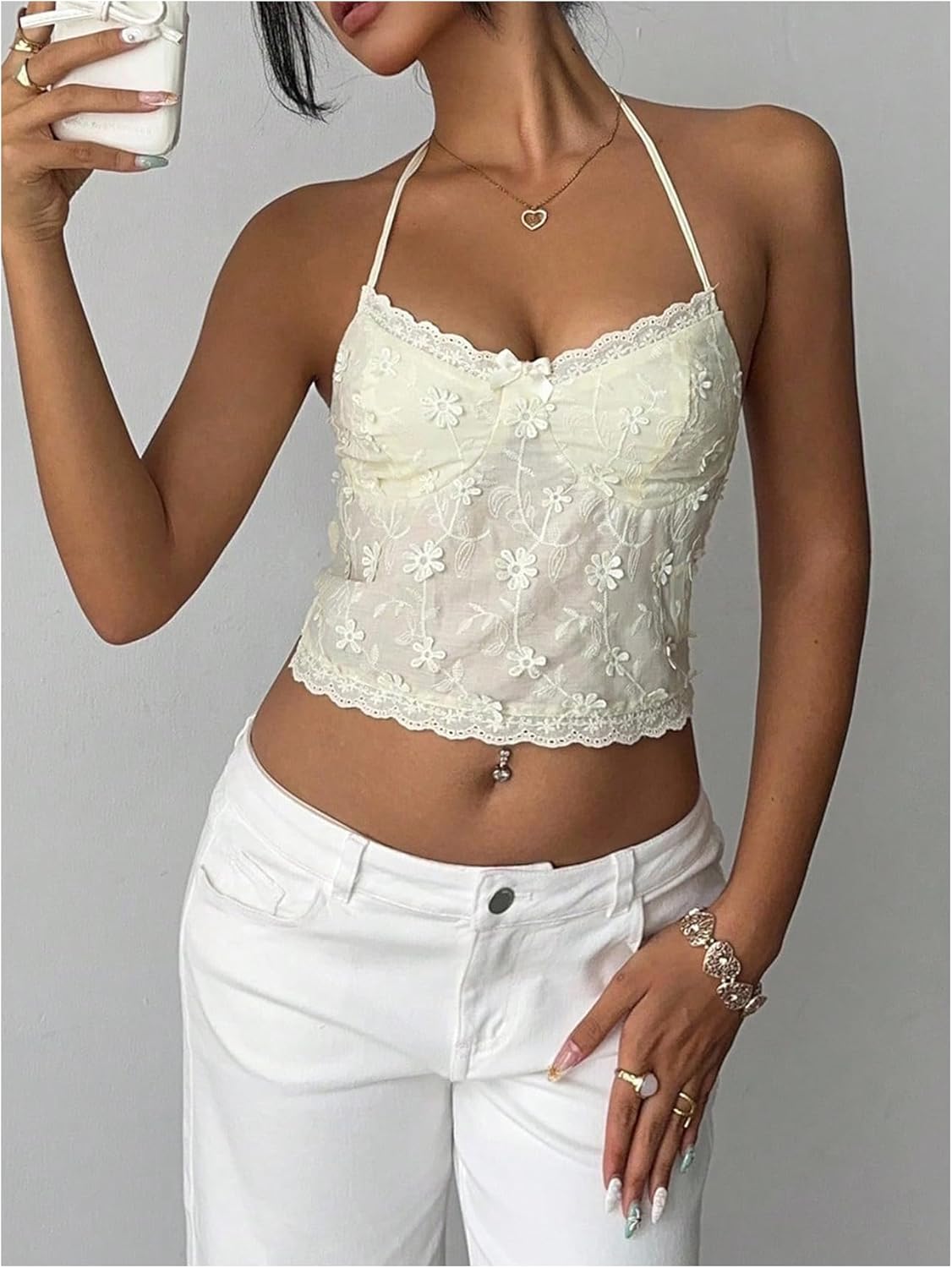 SHENHE Women's Y2k Open Back Halter Crop Top Floral Embroidered Boho Sexy Beach Tank Cami - Image 3