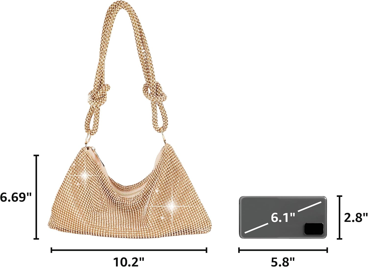 QLBO Women Gold Clutch, Rhinestone Gold Purse Wedding,Evening Clutch Purses For Women 10.2"×0.4"×6.69"