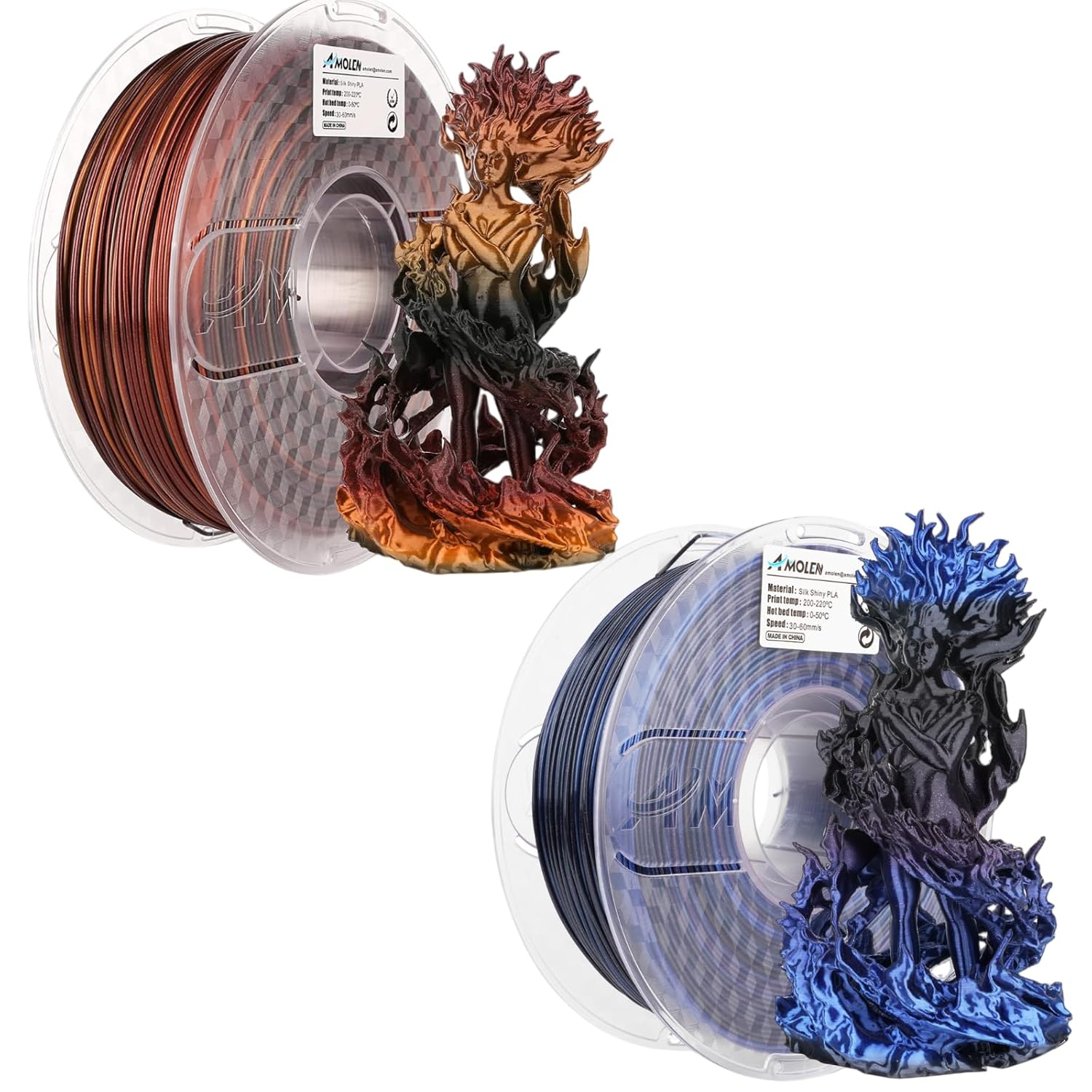 AMOLEN PLA 3D Printer Filament, PLA Filament 1.75mm Silk Black Shiny Red Gold & Black Blue Filament