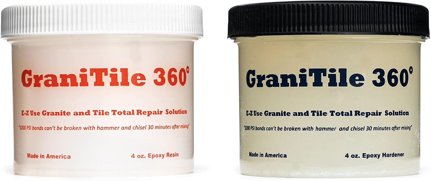 GraniTile 360~8oz. epoxy. New, and Even Stronger Than Our II 29! for Difficult Surfaces Like Tile Marble Porcelain Ceramic. Chipped Corners. Crack Repair. Fills or Rebuilds. Tintable with EZ-Tint