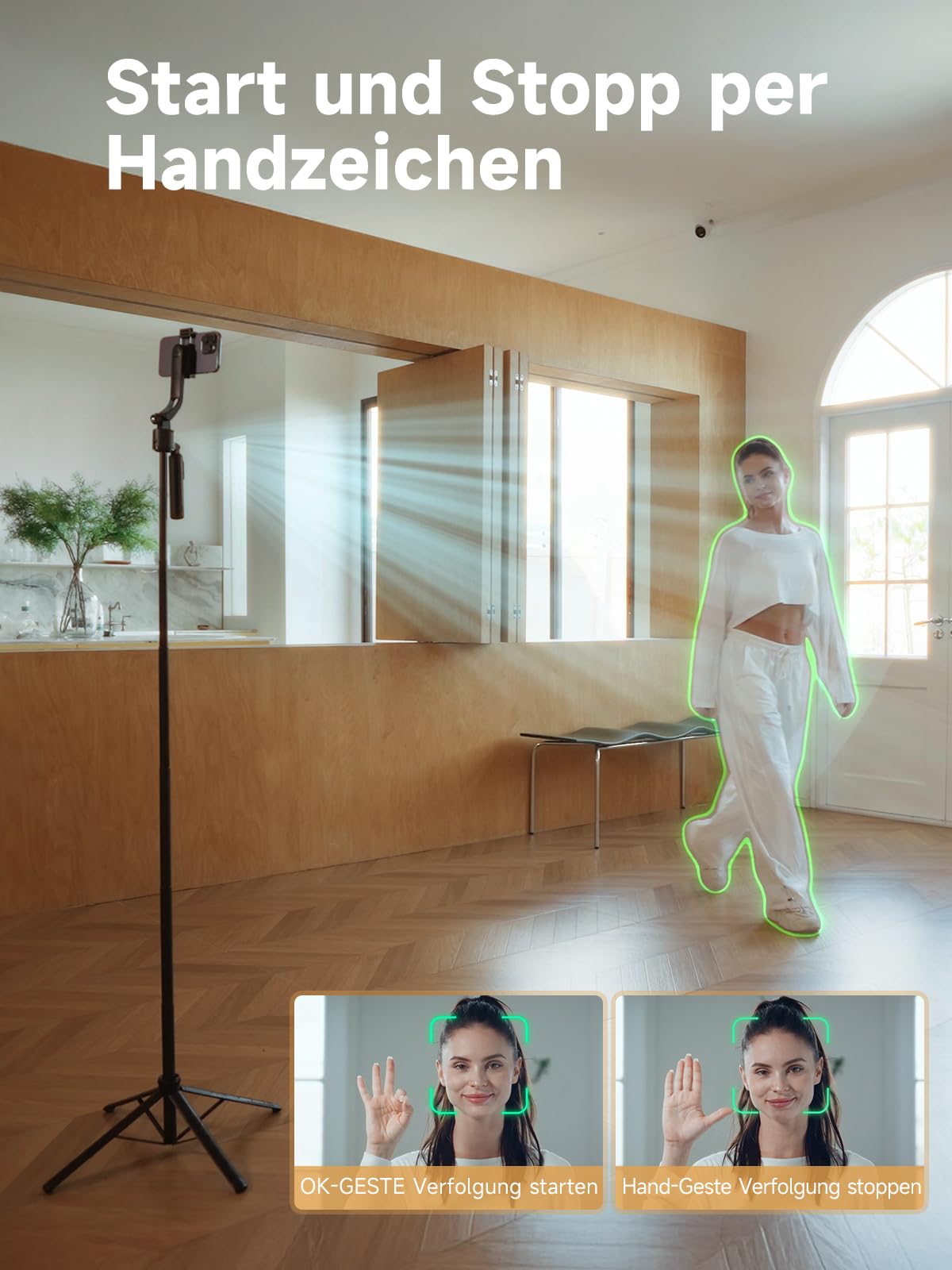 Handy Stativ mit Verfolgung, Rollei 360 Grad Rotation Automatic Face Tracking Smartphone Tripod Selfie Stick 163 cm mit Licht und Fernbedienung zum Filmen Vlog, Handy-Stative-Video-Smartphone-Tripod