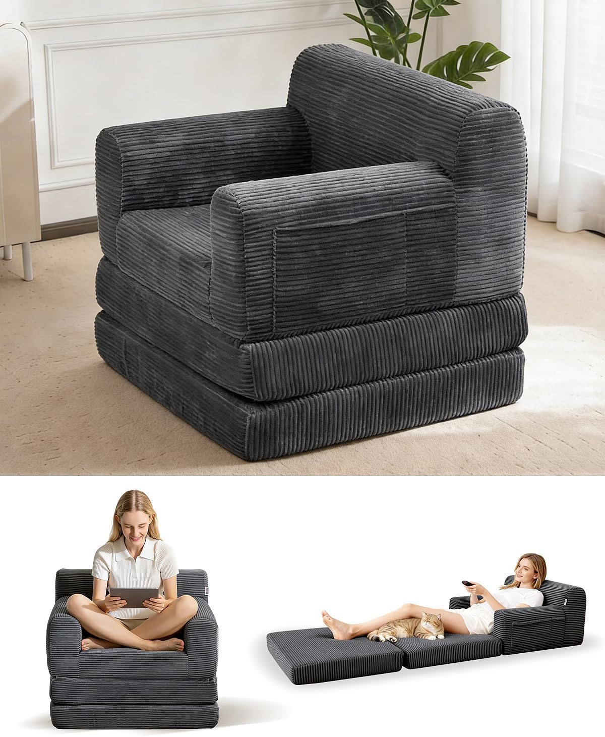 Boneless Couch Sofa Bed, Convertible Sleeper Chair with One-Piece High-Density Foam (No Lumps), Foldable Floor Mattress for Adults Guest Gaming, Non-Slip, Side Pockets, 84"x35", No Assembly