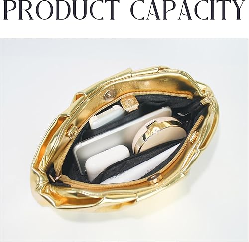 Vista 4 de Bolsos de noche para mujer, color puro, cuero suave, con volantes, bolso cruzado con cadena de metal extraíble Oro