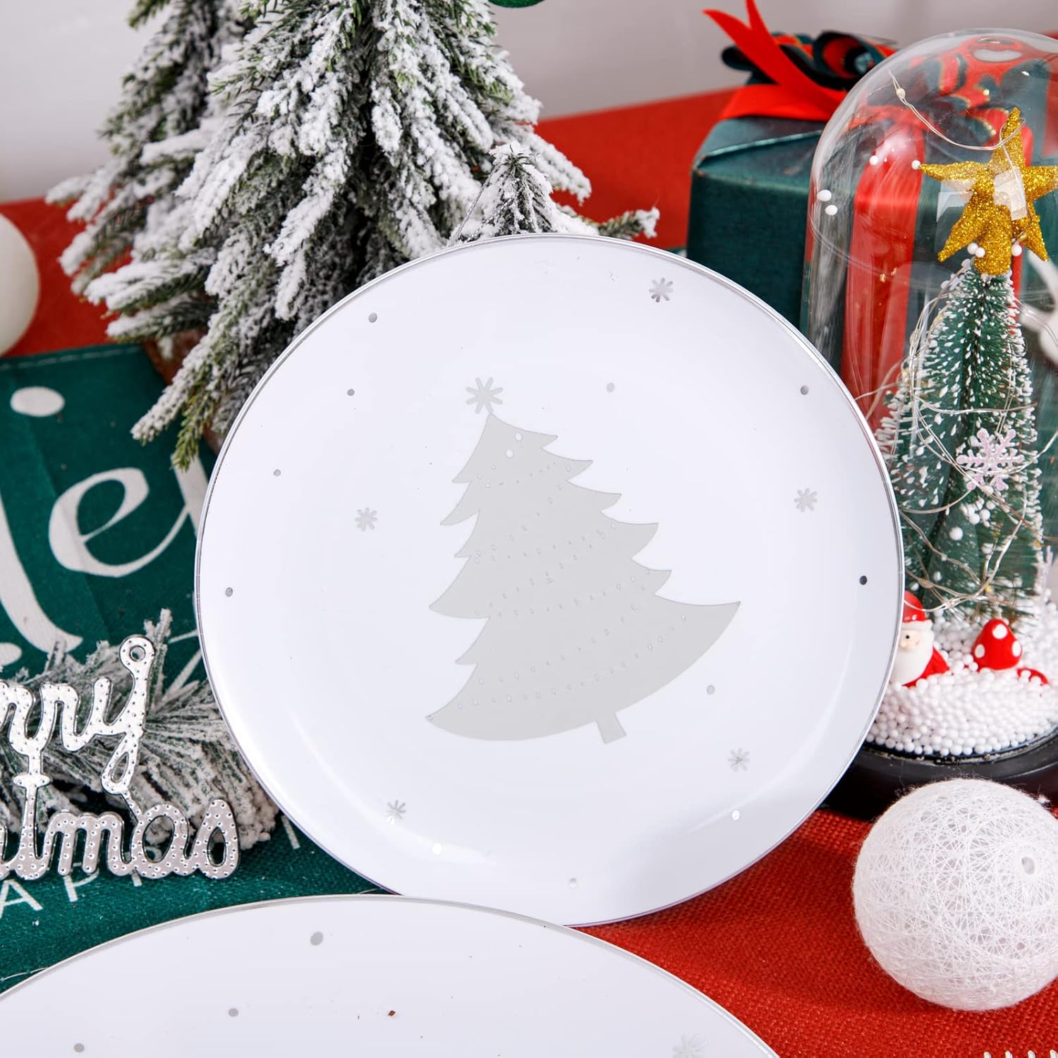 WDF 50 Pieces Silver Plastic Plates - Christmas Plastic Plates with Christmas Tree - Heavy Duty White and Silver Disposable Plates for Christmas