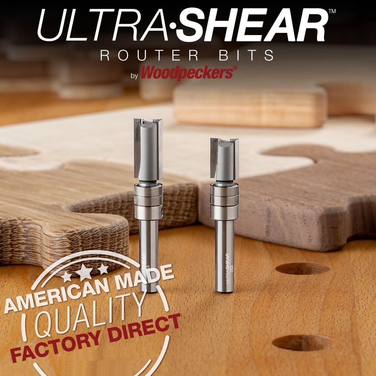 Template Pattern Flush Trim Router Bit Set, 1/4 SH, 3/8 CD, 2 Cut Lengths, 2 FL, Dual Bearings, Carbide Tipped, USA Made - US2375TP-2PC