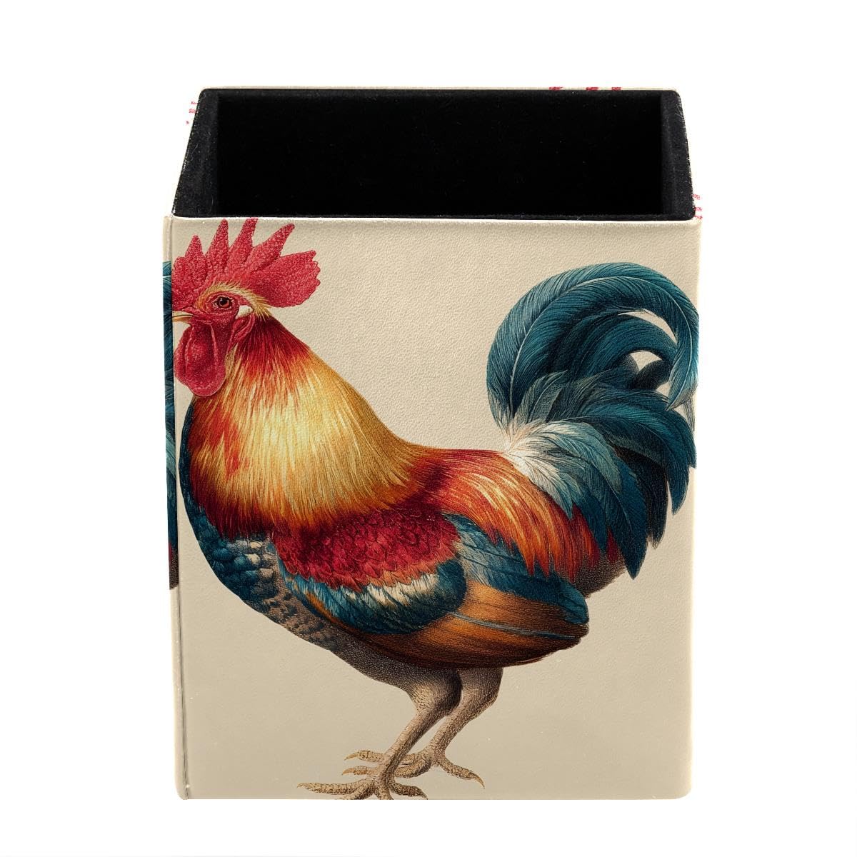 HEOEH Rooster Pen Holder Pen Pot, Square Pencil Cup for Desk