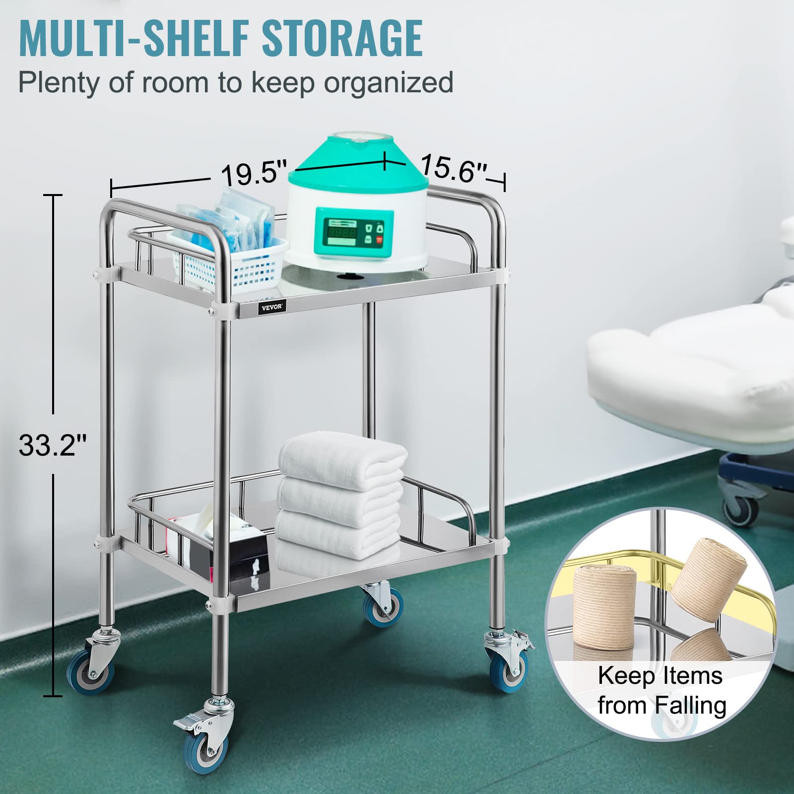 VEVOR Servierwagen Edelstahl Serving Lab Trolley 2 Böden Laborwagen Tragbar Abräumwagen Medical Dental Lab Cart Transportwagen Rollwagen Medizinisch Universalräder Zwei Fußbremsen Breite Anwendung