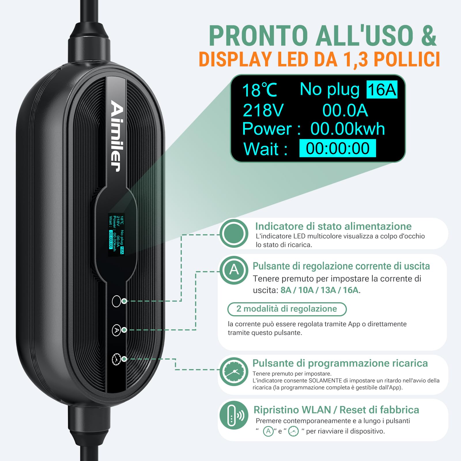 AIMILER Wallbox 11kW (8-16A 400V) 7,6M con Gestione App e OLED Colonnina Ricarica Auto Elettrica Trifase, Cavo Tipo 2 Incorporato Protezione IP66 & CA/CC, Compatibile Model Y/3 Q4 e-208 500e EV/PHEV