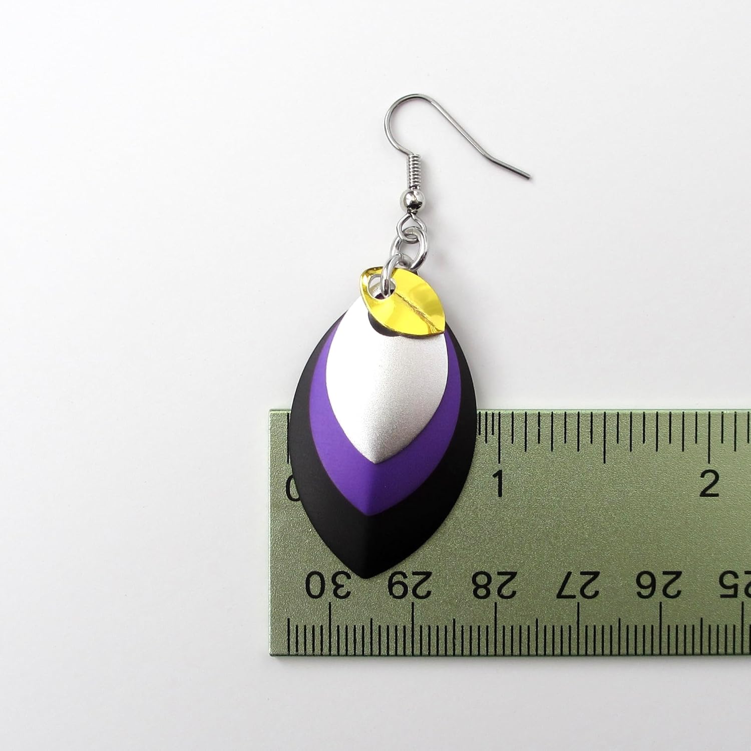 Nonbinary pride chainmail scales earrings; yellow, white, purple, black