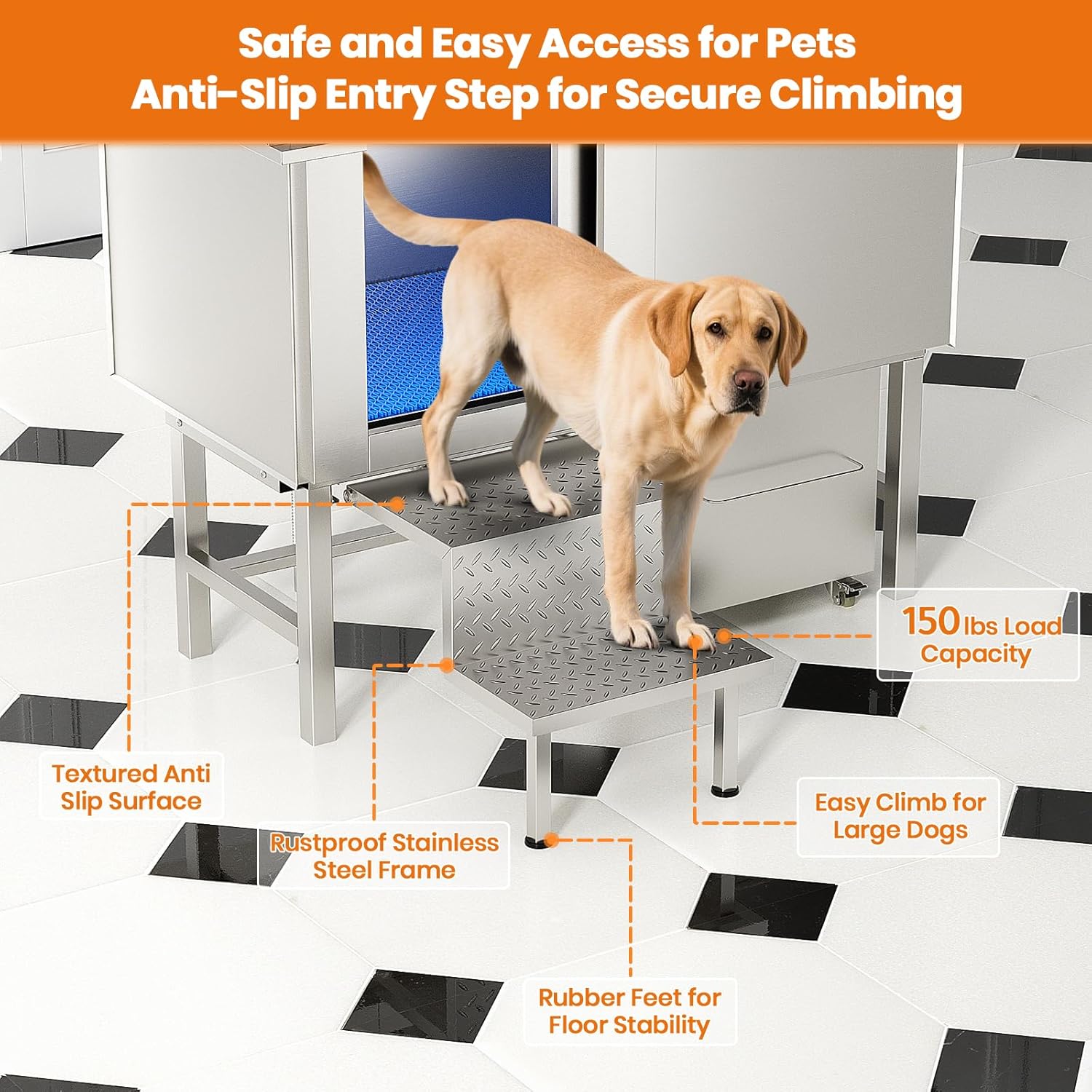 LOVMOR 50" Dog Washing Station, 304 Stainless Steel Pet Grooming Tub with Faucet, Sprayer, Adjustable Height Platform, Entry Step, Storage Shelf & Bin for Large Dogs