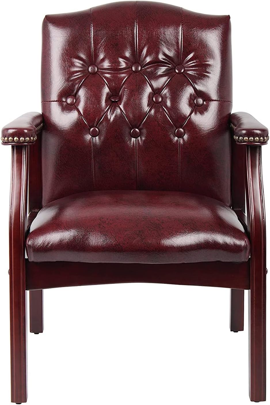 Ivy League Executive Guest Chair in Burgundy Vinyl Wood Frame Office Visitor Chair with Mahogany Finish Comfortable Reception Seating for Office Lobby or Waiting Room