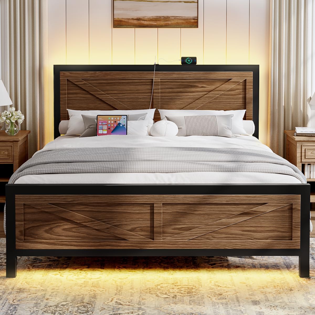 Rustic Bed Frame King Size with Barn Door Headboard, LED Bed Frame with Charging Station, Industrial Platform Metal Bed Frames, No Box Spring Needed, Easy Assembly, White