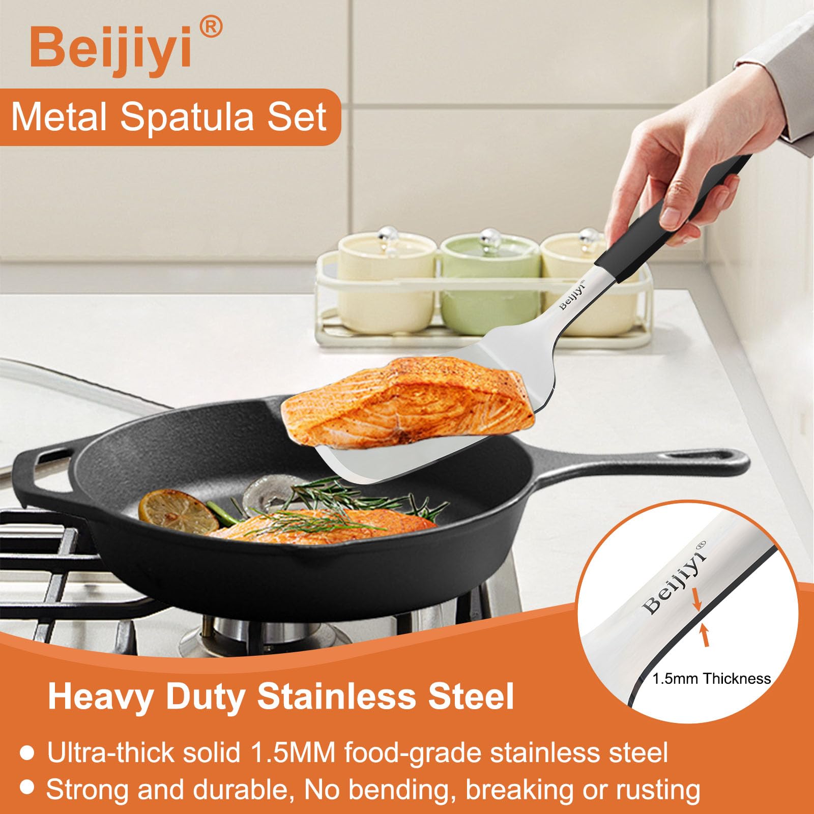 Beijiyi Metal Spatula for Cast Iron Skillet and Flat Top Grills, 1.5 mm Thick Stainless Steel Cooking Turner with Full Tang Silicone Handle, Smash Burger Spatula, Egg and Pancake Flipper, 3.7 In Wide