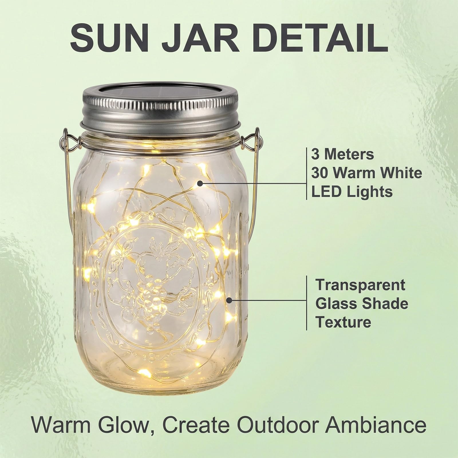 6 unidades 3 m 30 LED blanco cálido cristal solar tapa cadena de luces para vasos, lámparas solares, farolillos exteriores impermeables para tarros de Mason Jar colgantes, farolillos de luz, jardín
