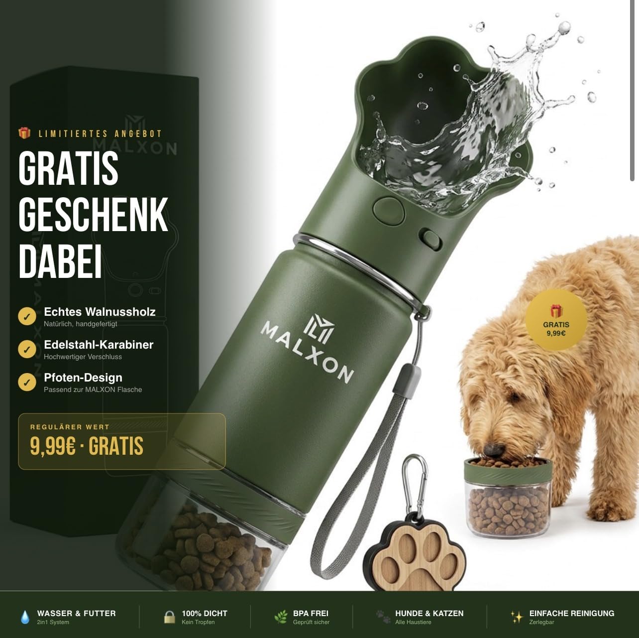 3-in-1 Trinkflasche Hunde für unterwegs – Wasserflasche mit Futterbehälter & Trinknapf – 300ml – Auslaufsicher – BPA-frei – Hunde & Katzen – inkl. Geschenk
