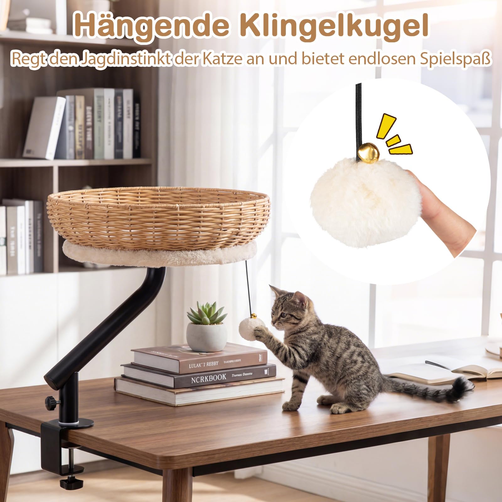 COSTWAY Katzenbett für Schreibtisch, Katzenkorb aus PE-Rattan, 360° drehbar, Katzen Schreibtischbett mit abnehmbarem Plüschkissen & Hängeball, Katzenbettständer Hängematte, ohne Bohren