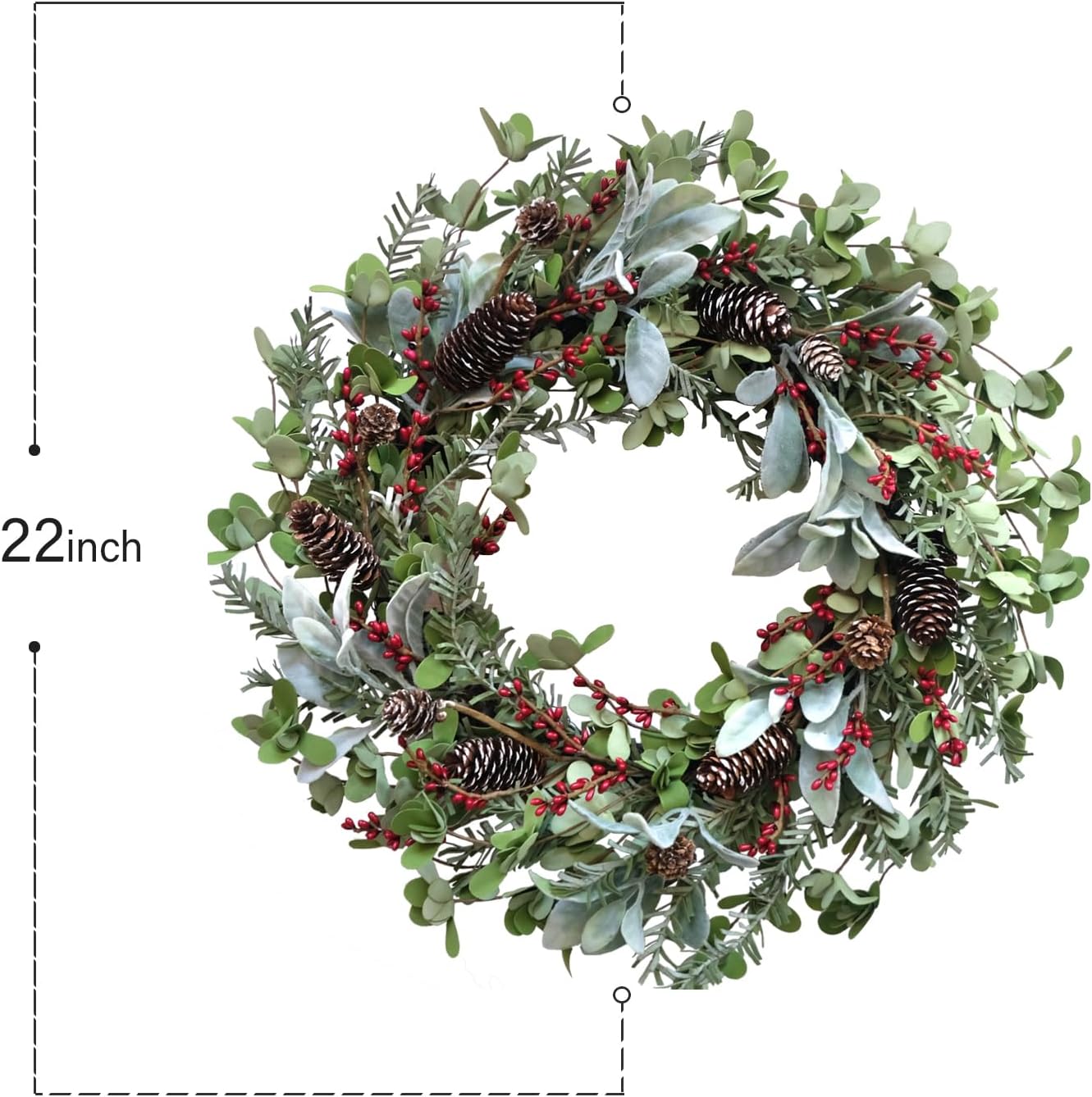 Bibelot 22 Inch Christmas Wreath for Front Door, Xmas Wreath with Lamb Leaves, Pine Cones, Red Berries,Winter Spring Decorations Natural Wreath for Indoor Outdoor Window Wall Festival Home Decor - Image 3