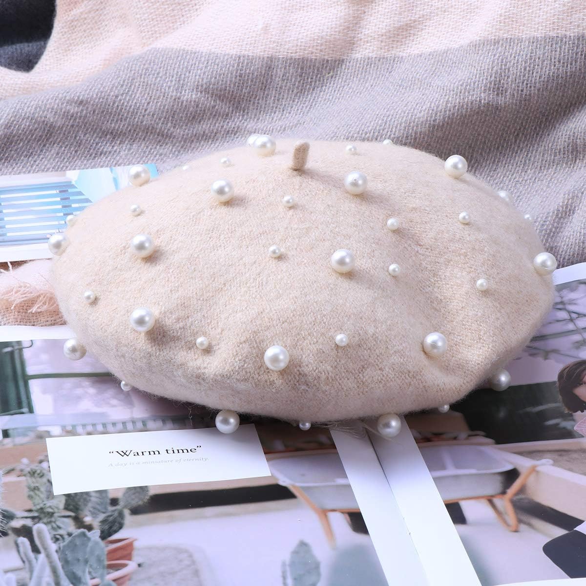 Wool Beret Hats for Women with Pearls, French Style Beret for Girls Winter Fall, Solid Color Artist Hat for Photo Shoots Travel Accessory (Beige) - Image 7