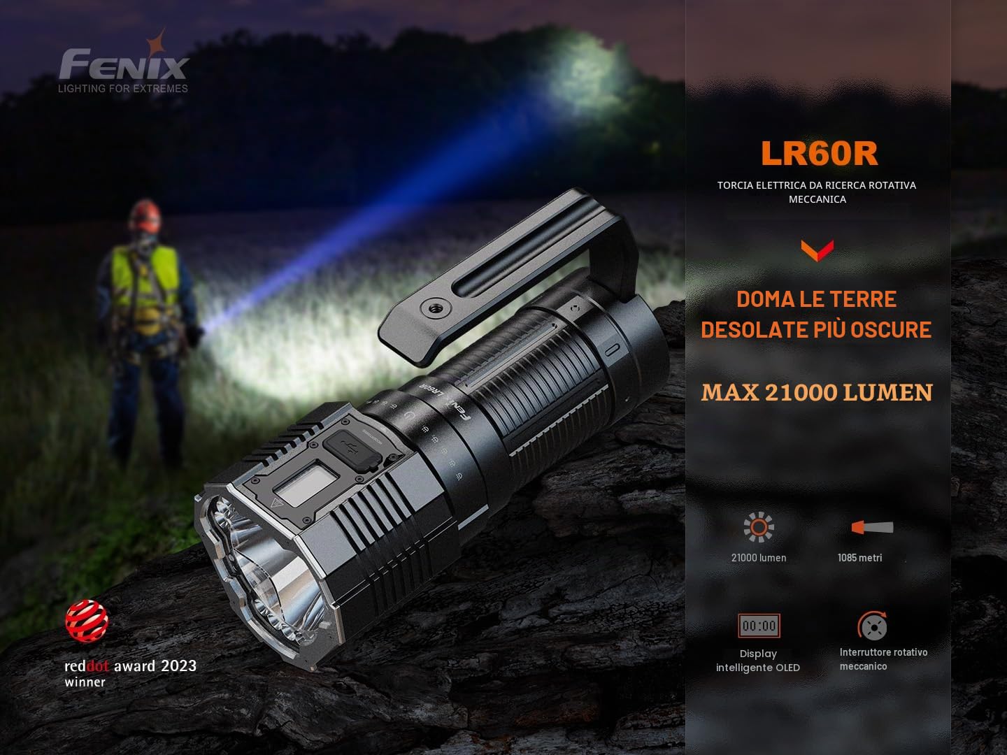 Fenix LR60R - Torcia a LED, estremamente luminosa, 21000 lumen, 1085 m, USB-C, batteria a ricarica rapida da 45 W, batteria da 4000 mAh, schermo OLED, IP68, impermeabile, per esterni, ricerca