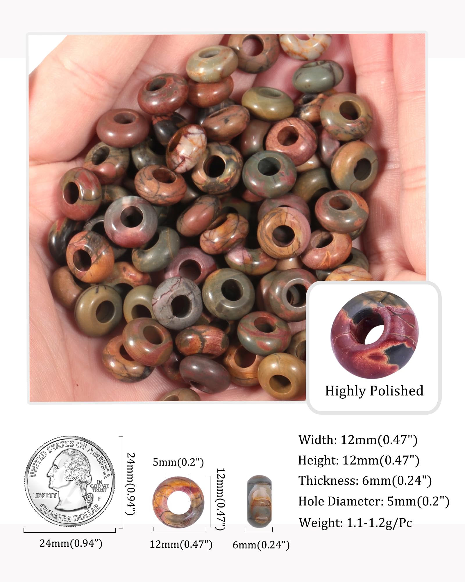 tumbeelluwa natürlicher Edelstein Perlen für Schmuckherstellung, Rondelle großes Loch Lose Perlen 15 Stück Picasso Jasper(6x12 mm)