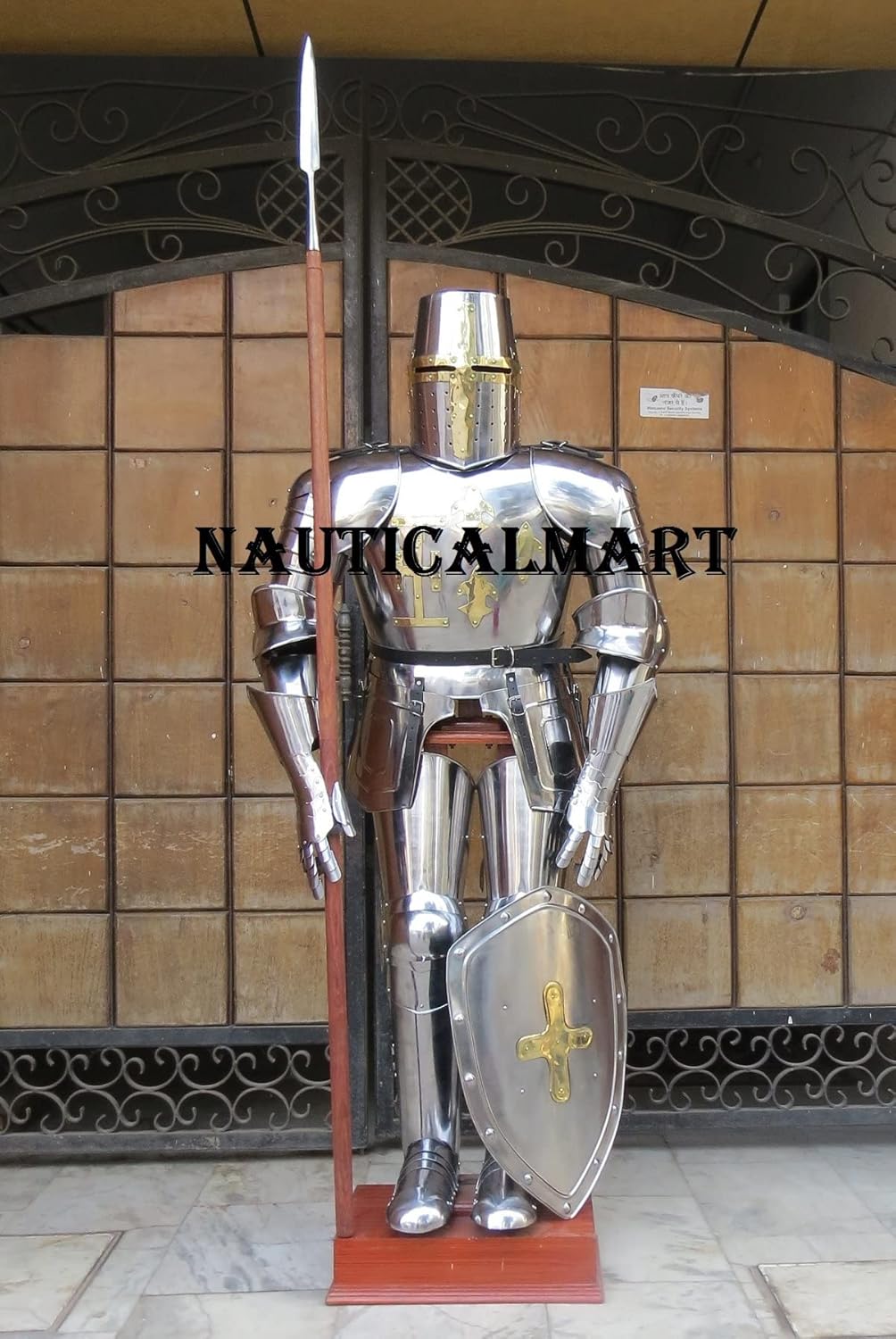 NAUTICALMART Crusader Knight Full Suit of Armour Templar Shield Display Stand Wooden Armour Medieval Costume