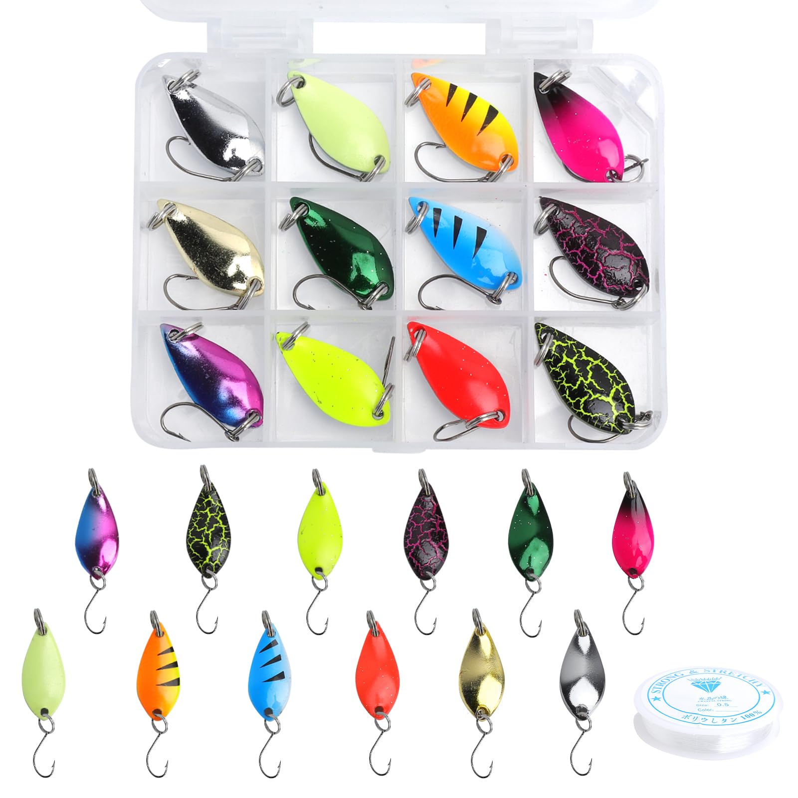 Juego de 12 cucharas de pesca para trucha con línea de pesca, juego de cucharas para trucha, juego de señuelos para trucha, cebo artificial, intermitente para agua salada, trucha de agua dulce, bajo
