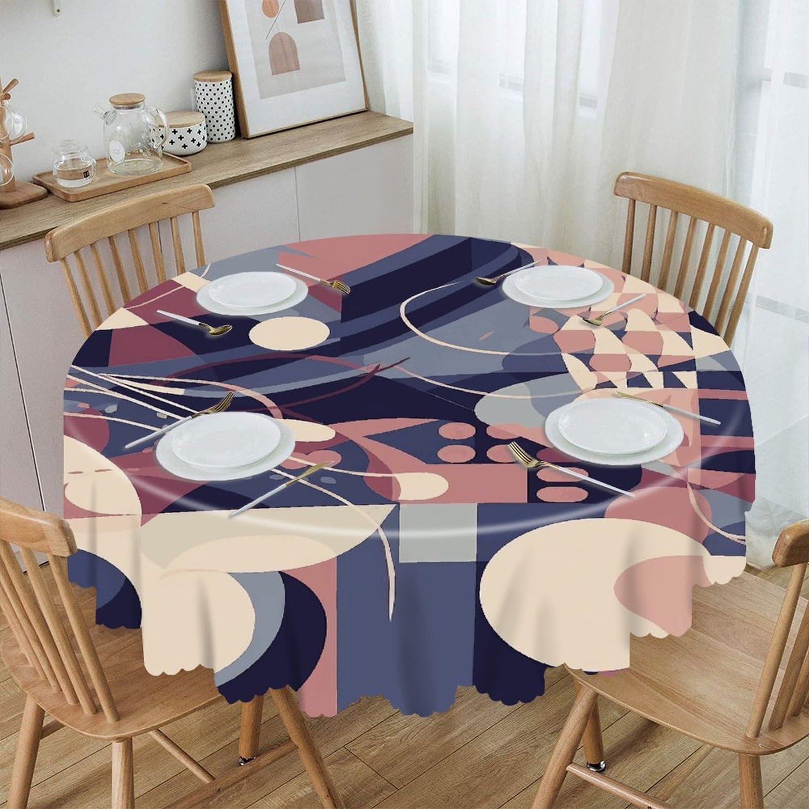 VstaDank - Abstract Geometric Lines Round Tablecloth 60 Inch Easy Clean Round Thick Decorative Polyester Tablecloth for Dining Kitchen Party Farmhouse Outdoor