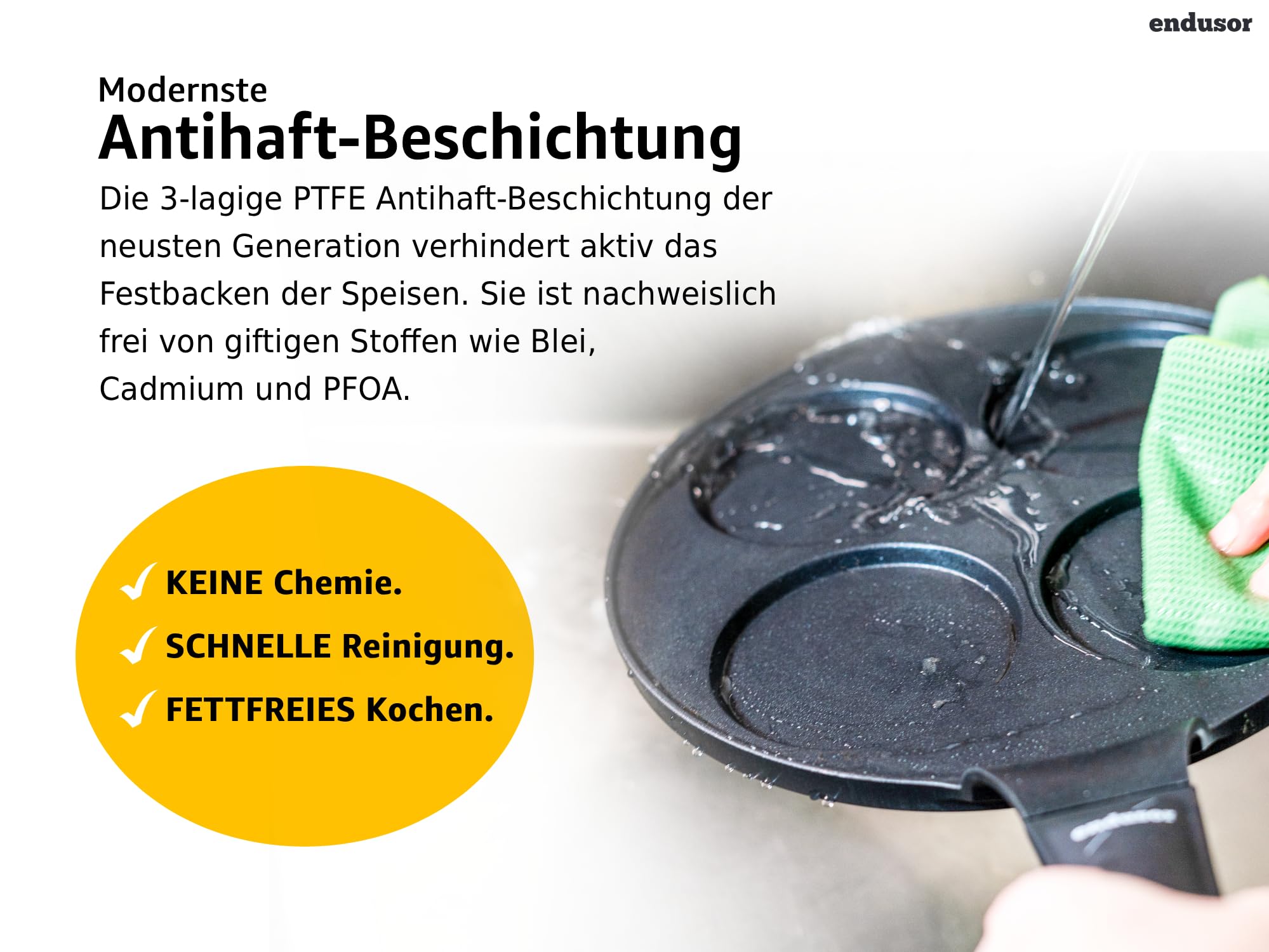 endusor Pancake Pfanne Spiegeleipfanne - Ø28cm mit [PowerShield]-Beschichtung | Induktion Ceran Gas Elektro | 4x Form Maker Eierpfanne, Spiegelei Liwanzen Poffertjes Blinis