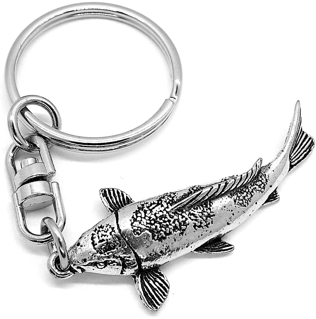 Koi Carp Fish Silver Pewter Keyring (single sided) in a burlap pouch