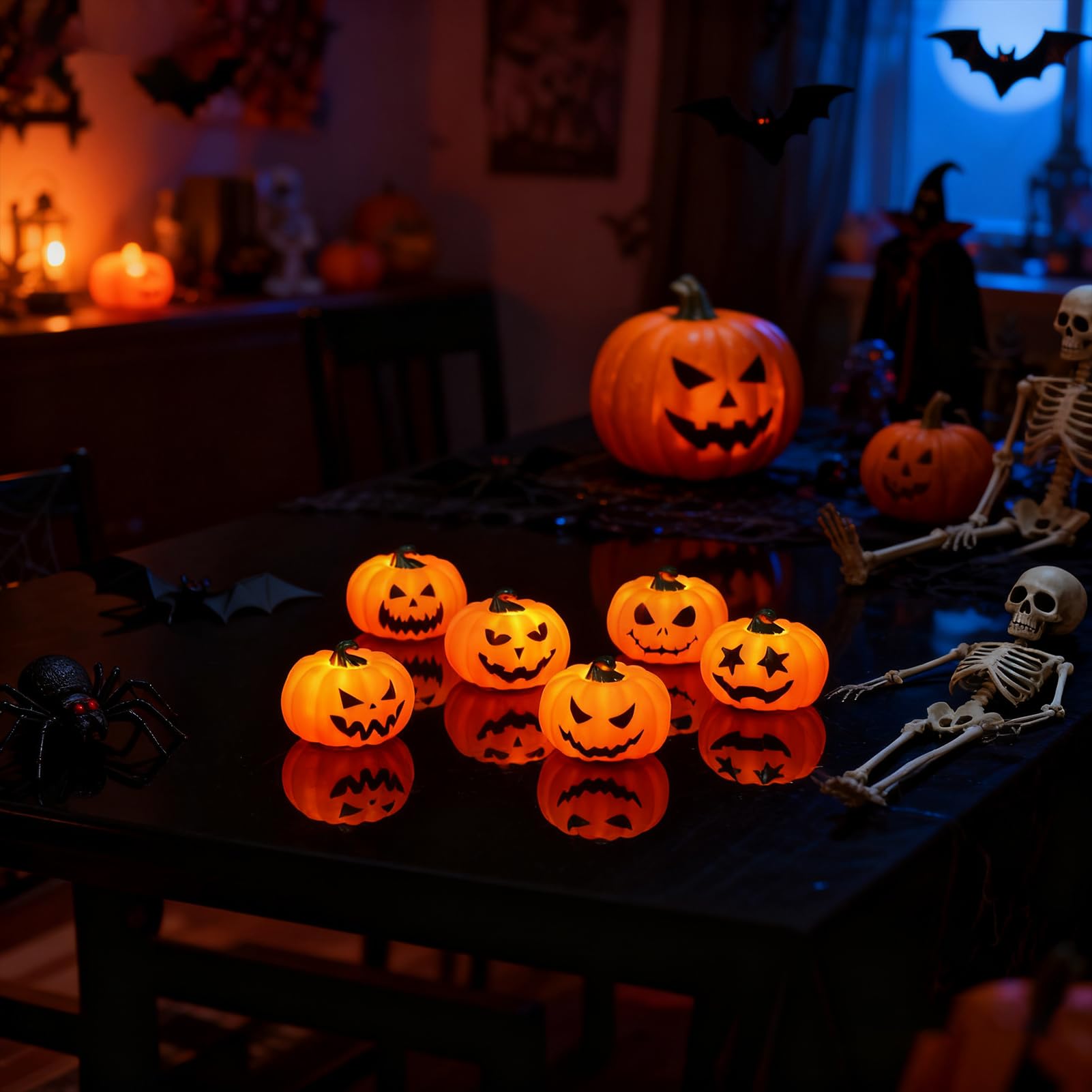 Candele senza fiamma a forma di zucca di Halloween, con telecomando e timer, a batteria, LED tremolanti, candele votive a forma di zucca, confezione da 6 candele autunnali con viso spettrale