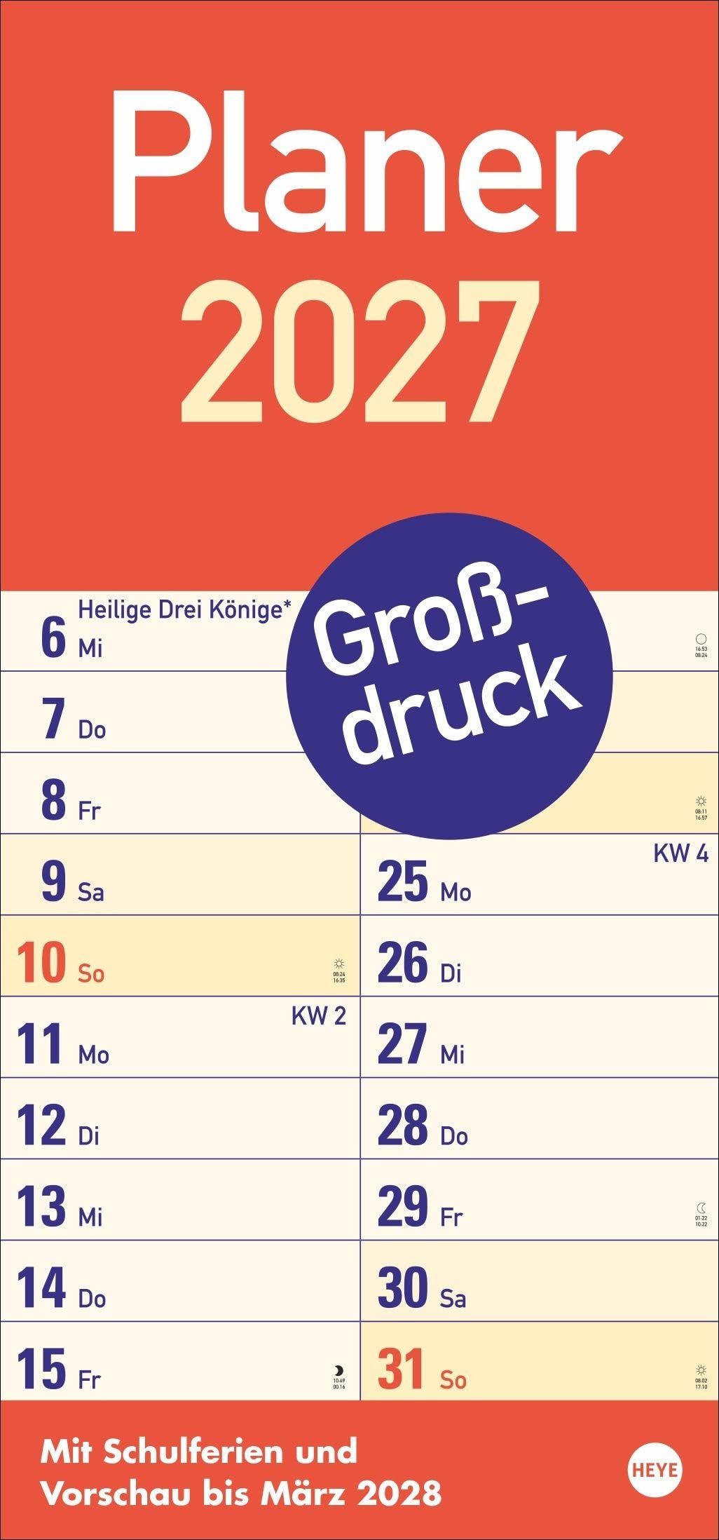 Großdruck Planer 2027: Praktischer Wandplaner mit extra großer Schrift. Großer Wandkalender mit Schulferien und 3-Monats-Ausblick. Terminkalender 2027. 21 x 45 cm