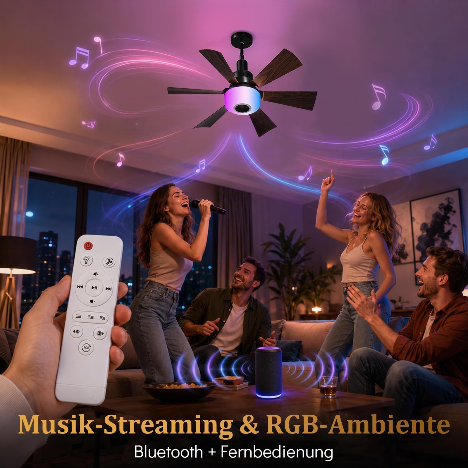 Deckenventilator mit Beleuchtung und Bluetooth Lautsprecher, Ø52cm E27 Klein Sockel Ventilator Lampe mit Fernbedienung RGB Dimmbar Höhen Verstellbar Schwenkbar für Schlafzimmer Kinderzimmer Küche