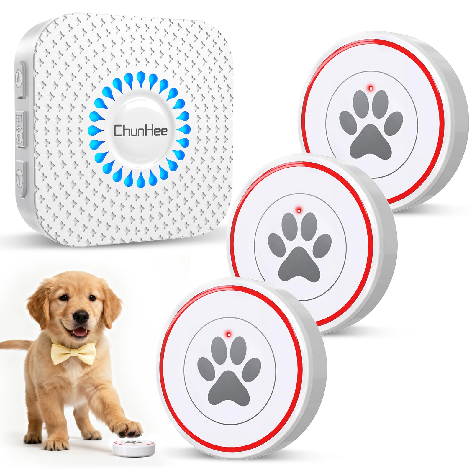 Image showing the ChunHee Dog Doorbell components: three white transmitter buttons with a paw print, and one white plug-in receiver.