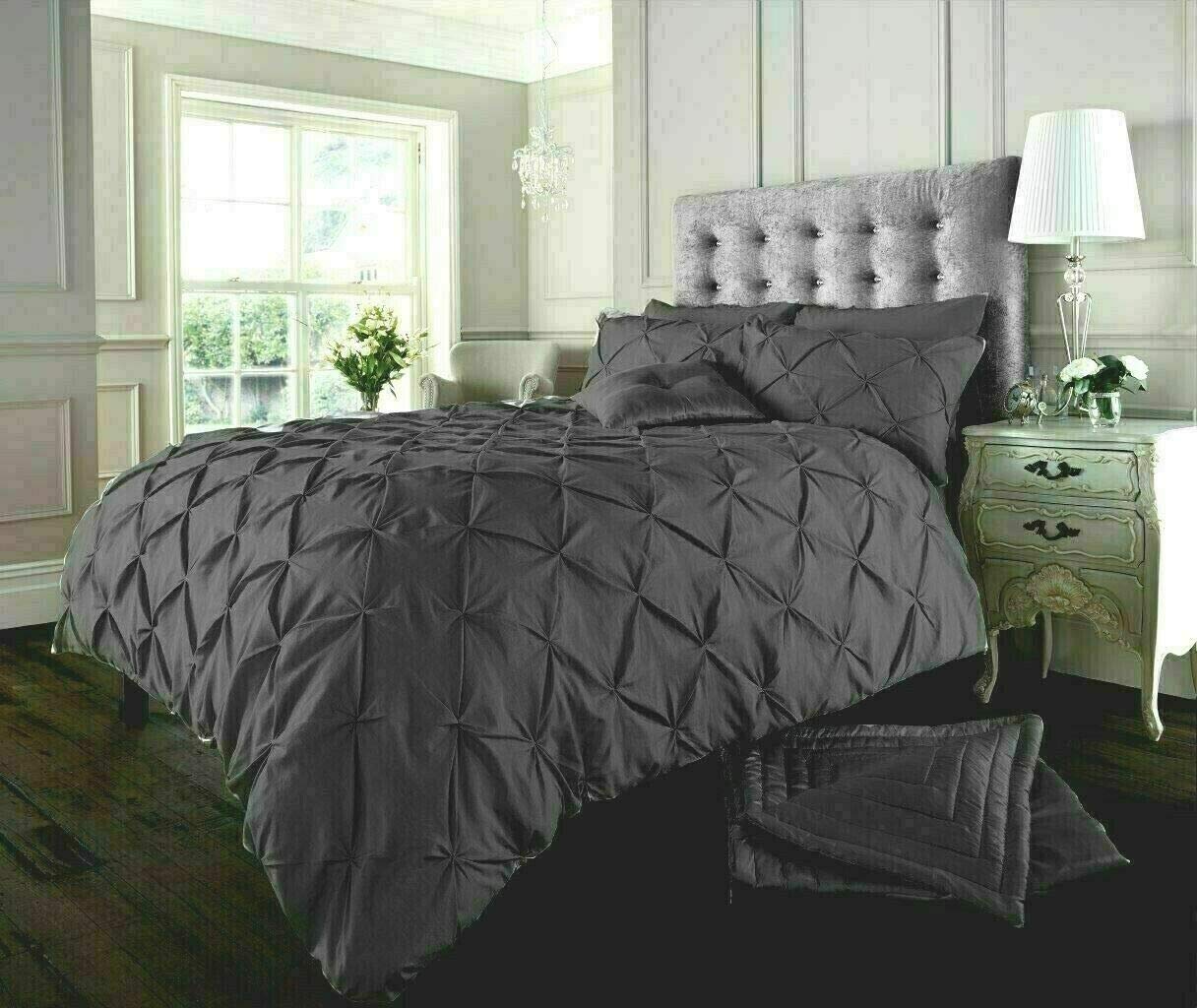 KD HOME EVERYTHING YOU NEED Pintuck Duvet Cover Set, 50/50 Polycotton, Hand Stitched, Single/Double/King/Super King, Multiple Colours (Charcoal, Super King)